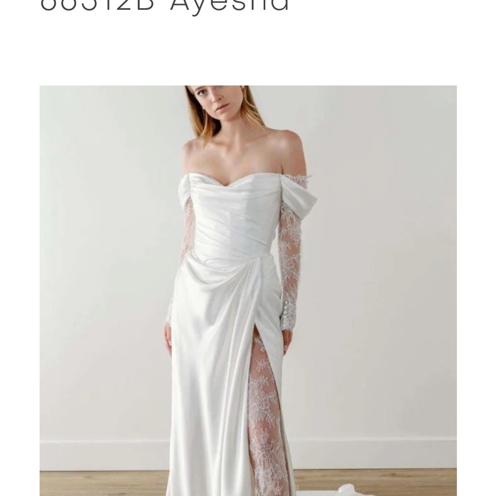 Watters White Off-Shoulder Satin Bridal Gown with Lace Sleeves